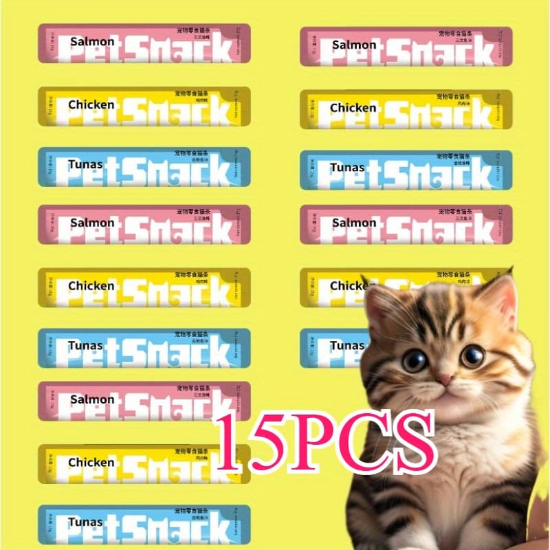 TEMU 15pcs/ 60pcs Pet Cat Strips, Kitten Liquid Chicken, Tuna, Salmon Wet Food, , 5 Strips/ Bag