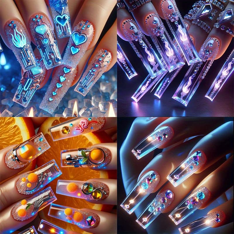 TEMU 92pcs/ 4pack Fantasy Space Fake Nails Rectangular Transparent Blue, Yellow, And Purple Nails With Flame And Full Set Fake Nails Artificial Acrylic Adhesive Nails Suitable For Women