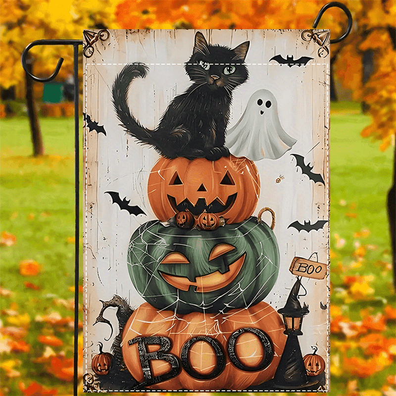 TEMU Halloween Garden Flag- Black Cat And Pumpkin Pattern, Double-sided Polyester, Outdoor Yard Decoration, 12x18inch