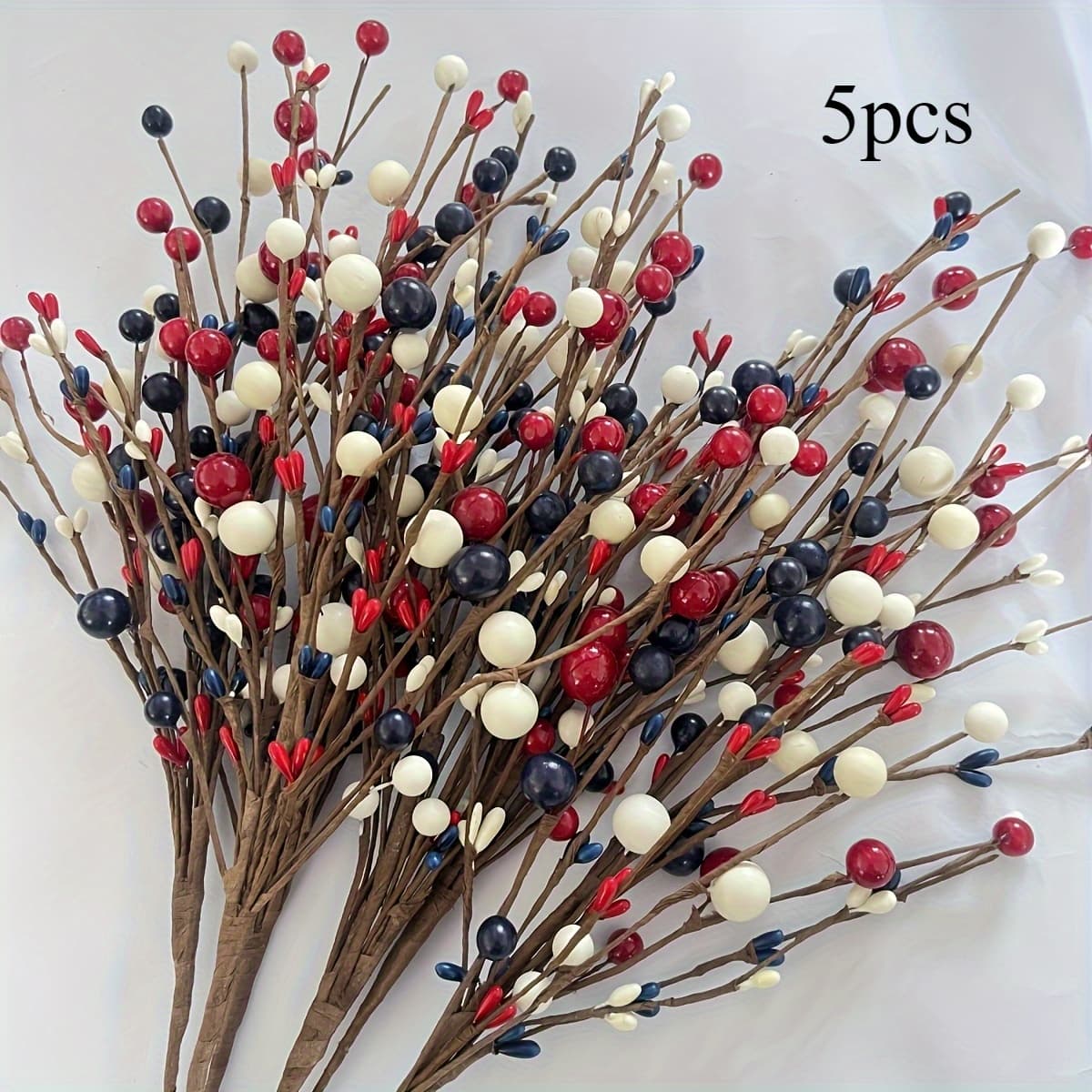 TEMU 2d Flat, 5 Red, White, And Blue Artificial Berry Branches - Day, Memorial Day, Parties, , And Home Decor, Patriotic Style Plastic Fake Branches