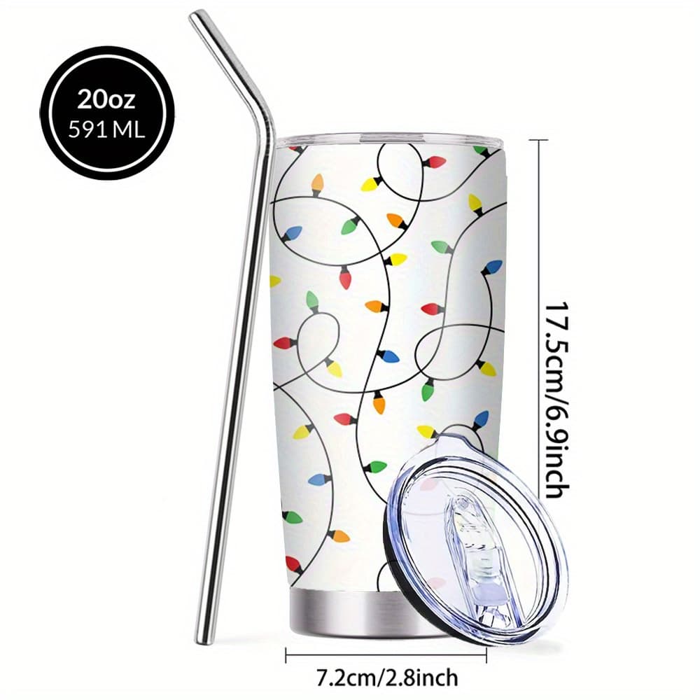 TEMU 20oz Stainless Steel Insulated Tumbler With Lid And Straw, Festive Christmas String Lights Design, Leak - Proof Travel Mug Ideal For Holiday Parties, Office, Trips, Perfect Xmas Gift For Family &