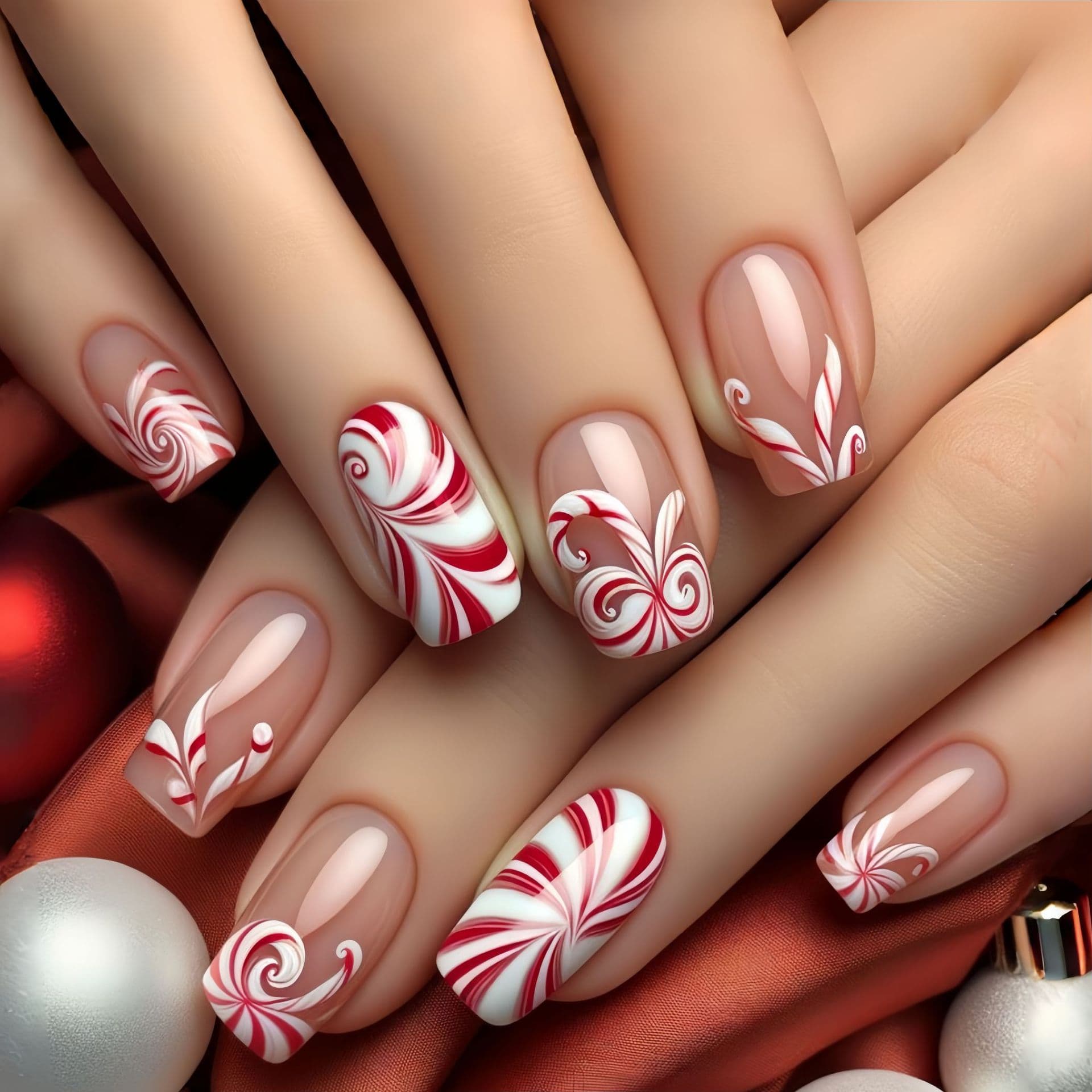 TEMU A Set Of 48 Christmas-themed Oval Medium-length Nail Stickers In A European Style, Featuring Nude Stripes And Red And White , Ideal For Celebrating Year