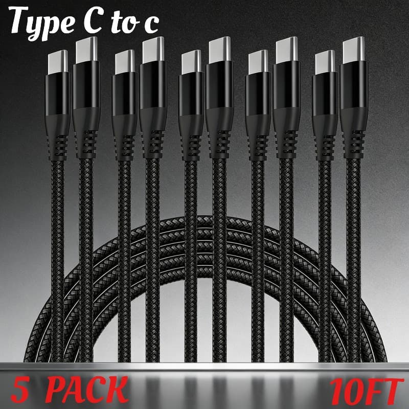 TEMU 5pcs 10ft Fast Charging Cable, Type-c To Type-c Charging Cable, Compatible With Iphone 15/16 Series/ipad/macbook/ / Phones (black Braided Cable)