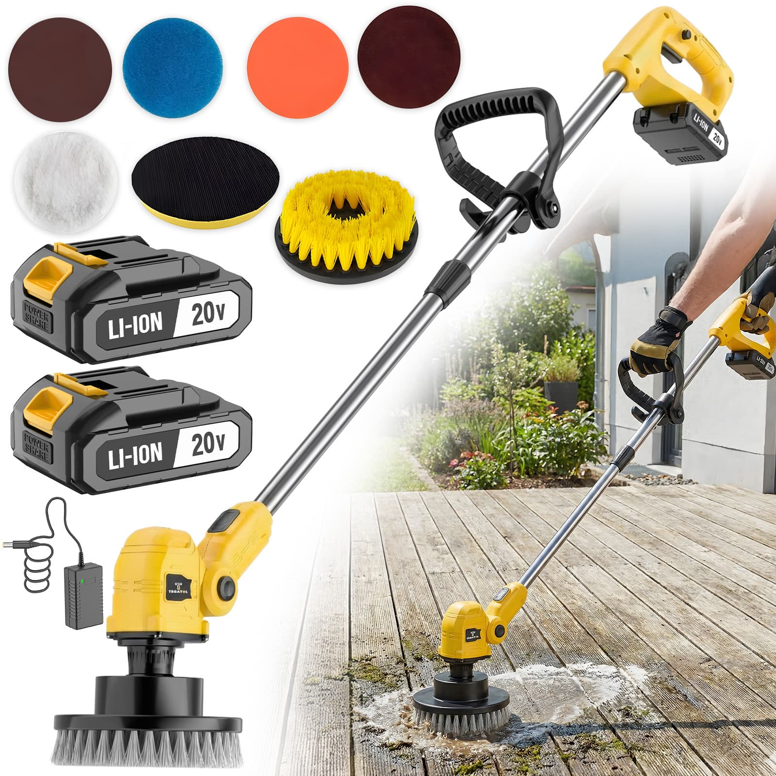 TEMU Wireless Rotary Floor Scrubber, With 2 Brushes, 4 Mop Pads, 2 Batteries, And A Telescopic Handle, Is An Electric Cleaning Tool For Kitchens, Bathrooms, , And Living Room Floors.