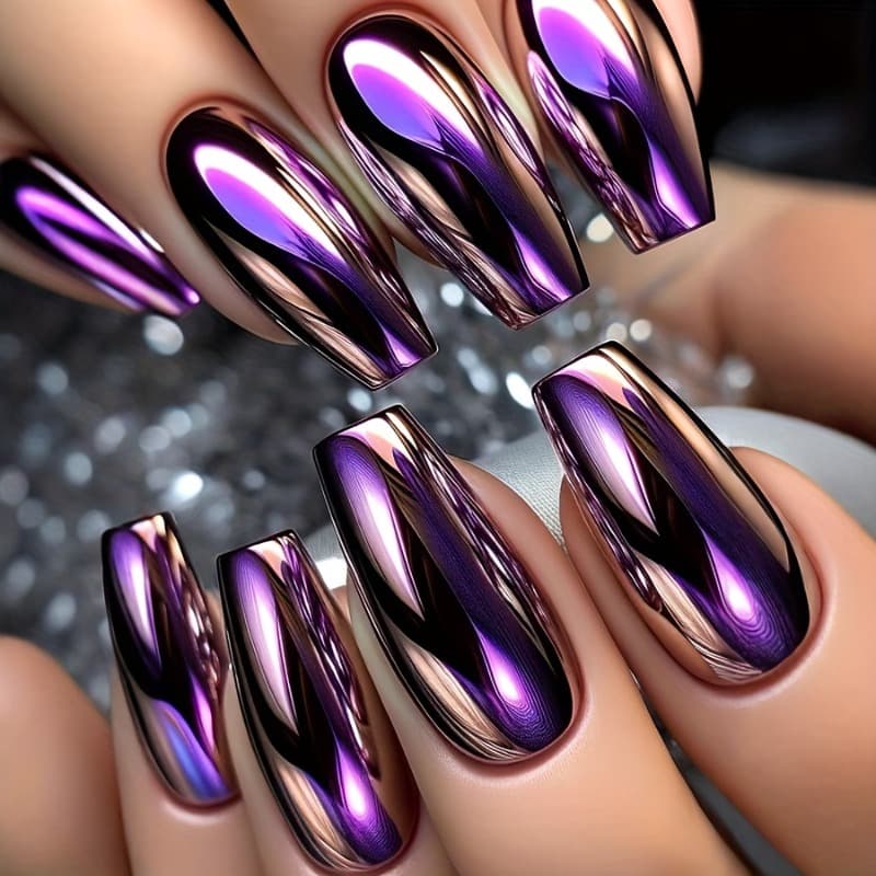TEMU Set Of 48 Medium-sized Ballet-style Artificial Nails In Glossy Purple With Golden Glitter, Offering Full Coverage And A Smooth End, Made From Durable Abs Material