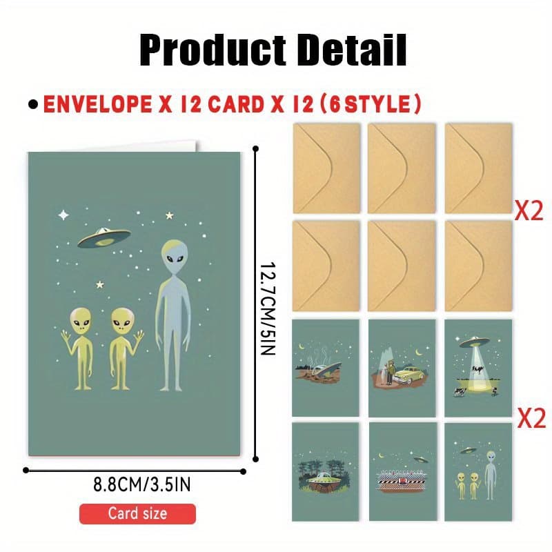 TEMU 24pcs(12 Envelopes+12 Cards) Funny Cute Cartoon Aliens 2025 Happy New Year Blank Greeting Cards To Family Friend Brother Sister Birthday Cards Gifts
