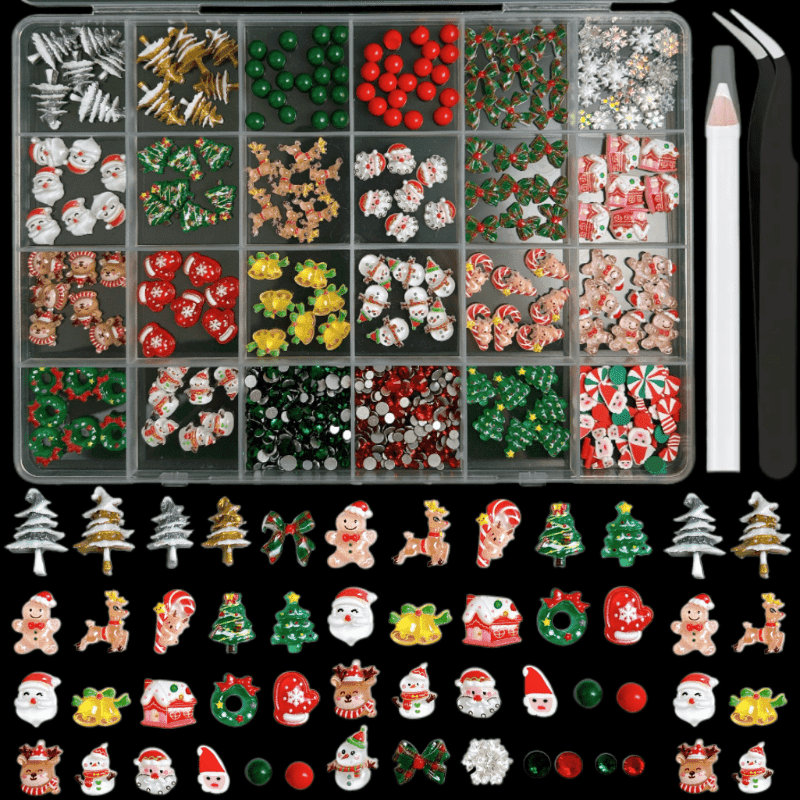 TEMU Nail Decorations For Christmas Featuring Santa, A Snowman, A Reindeer, A Tree, And A Bow In Red, Green, Golden, And White. Ideal For And Pedicures During