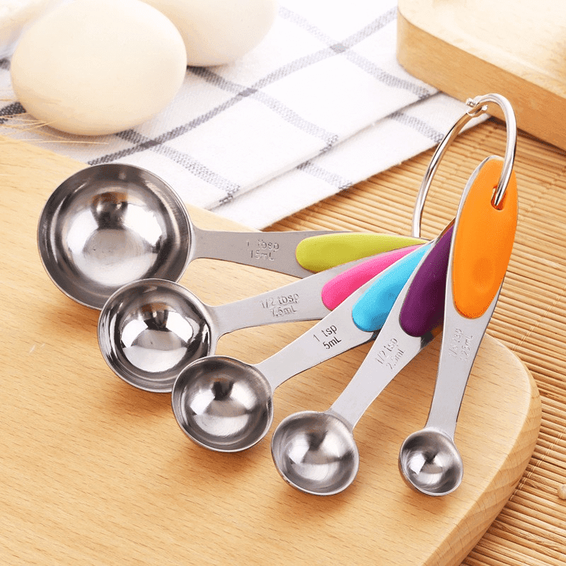 TEMU Stainless Steel Measuring Cup And Spoon Set With Non-colored Silicone Handles, A Baking Tool Featuring A Cake Measuring Spoon, Flour Scoop, Graduated Kitchen Spoon, And Measuring Cup