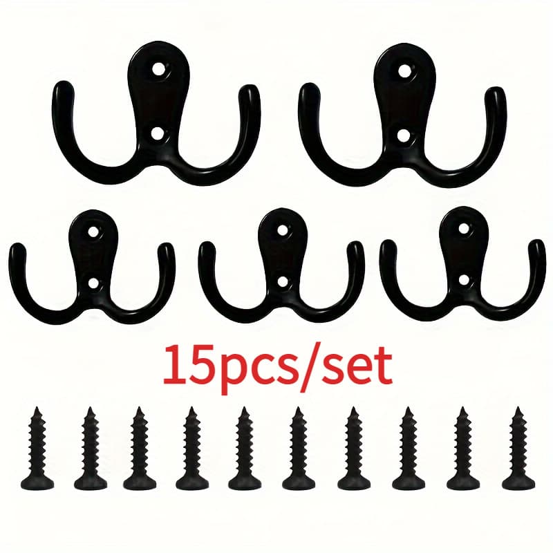 TEMU 15pcs/pack 5 Double Hooks+ 10 Screws Clothes Hooks Wall Hooks, Heavy Metal Double Hooks, , Suitable For Hanging Clothes, Towels, Keys, Jackets, , Ideal For Bedroom And Bathroom