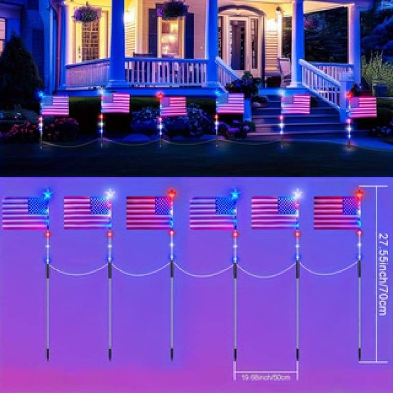 TEMU 6 Pack American Flag Solar Lights Outdoor, Decorations With 2 , Waterproof Solar Flag Patriotic Lights For Yard, Garden, Pathway, , Memorial Day(red White And Blue)