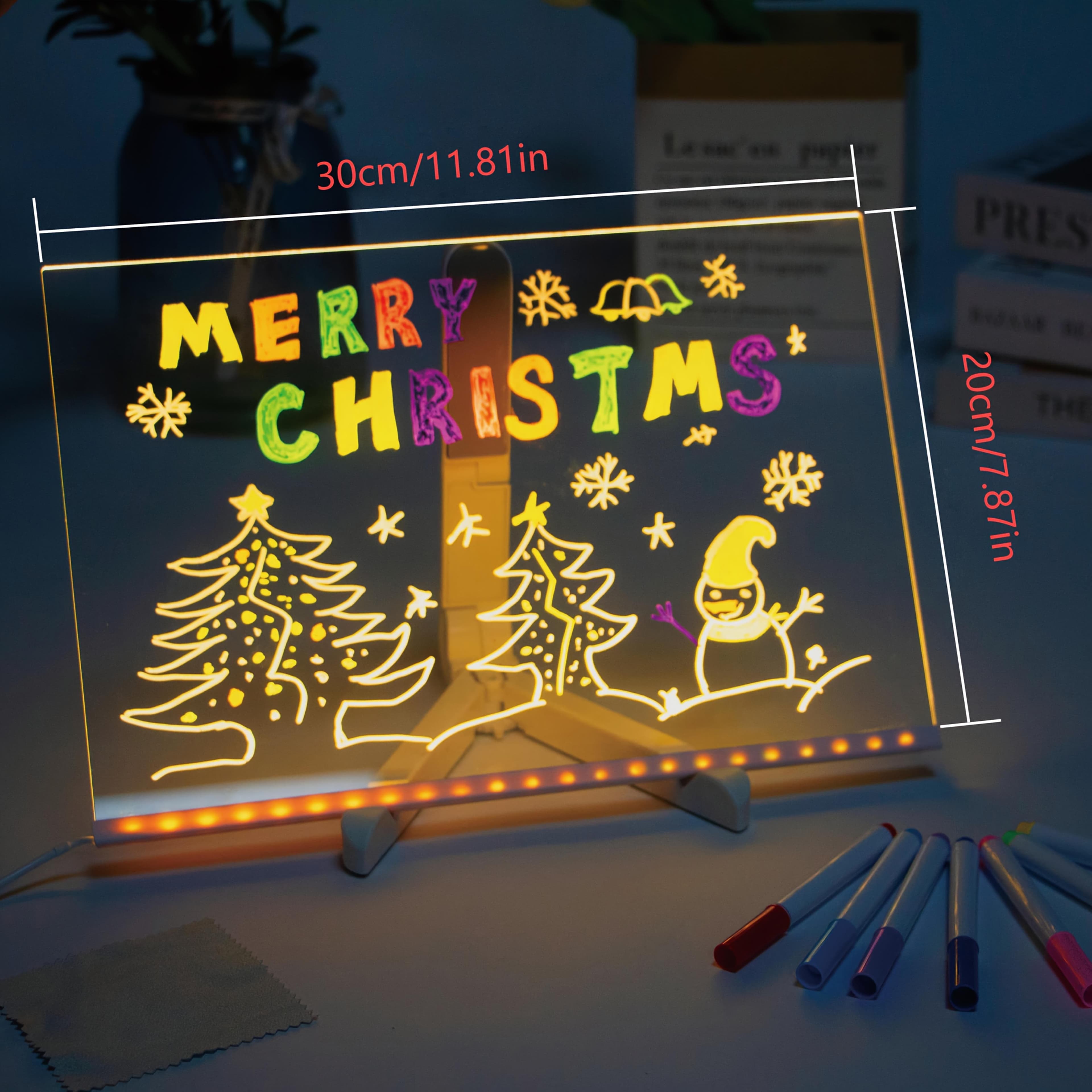 TEMU 1pc Led Light-up Drawing Board, Erasable Acrylic Message Panel With 7-color Pen And Night Light, Usb Powered, Reusable Doodle Board With Stand, For Back To School Gift, New Year Gift