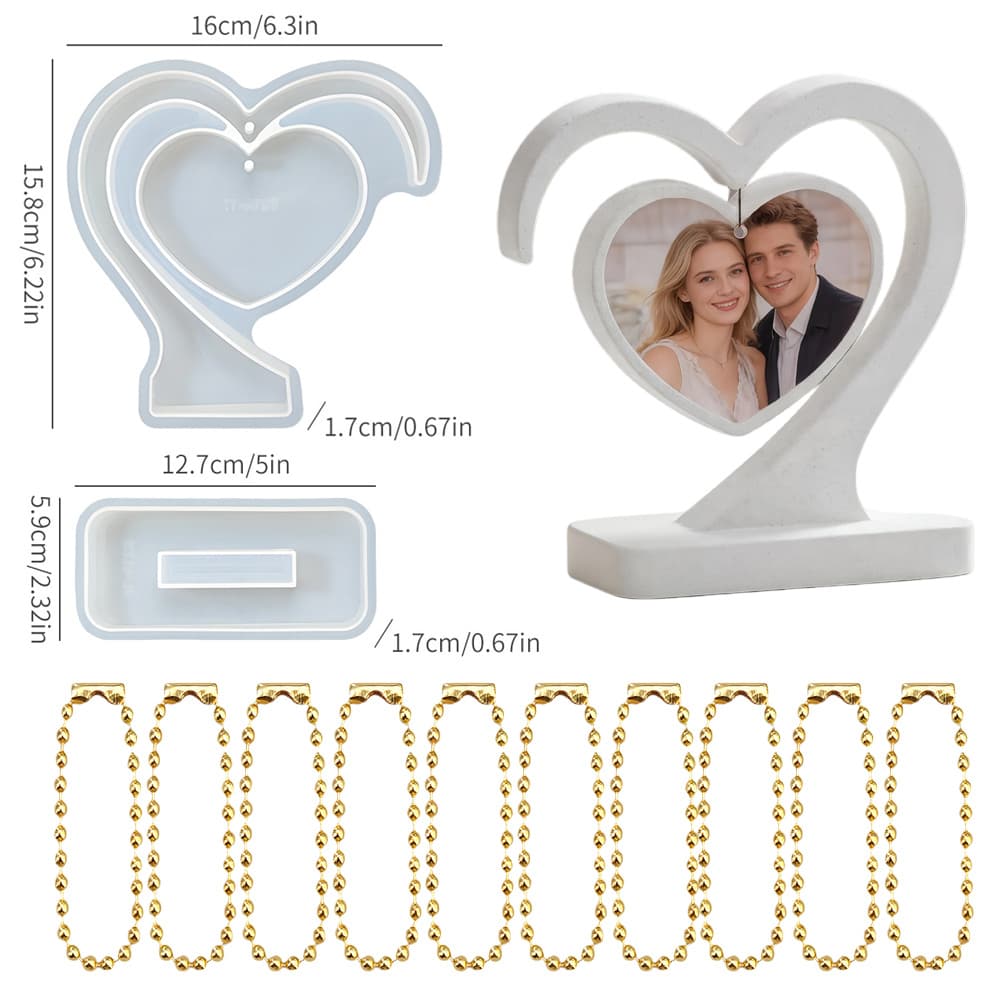 TEMU Heart-shaped Photo Frame Decoration Epoxy Resin Mold With 10 Beads, Interlocking Heart Photo Frame Epoxy Resin Silicone Mold, Home Decoration Plaster Mold