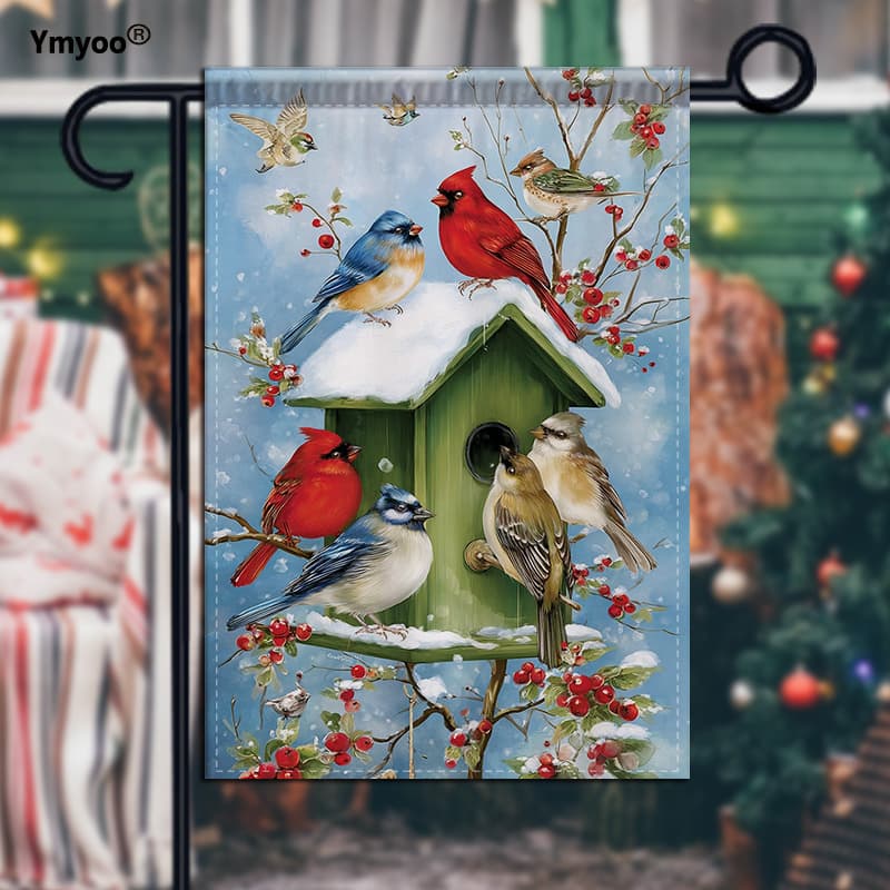 TEMU 1pc Double-sided Garden Decor Garden Flag Cozy Birdhouse With Red For Winter Yard Art Seasonal And Warm Celebrations