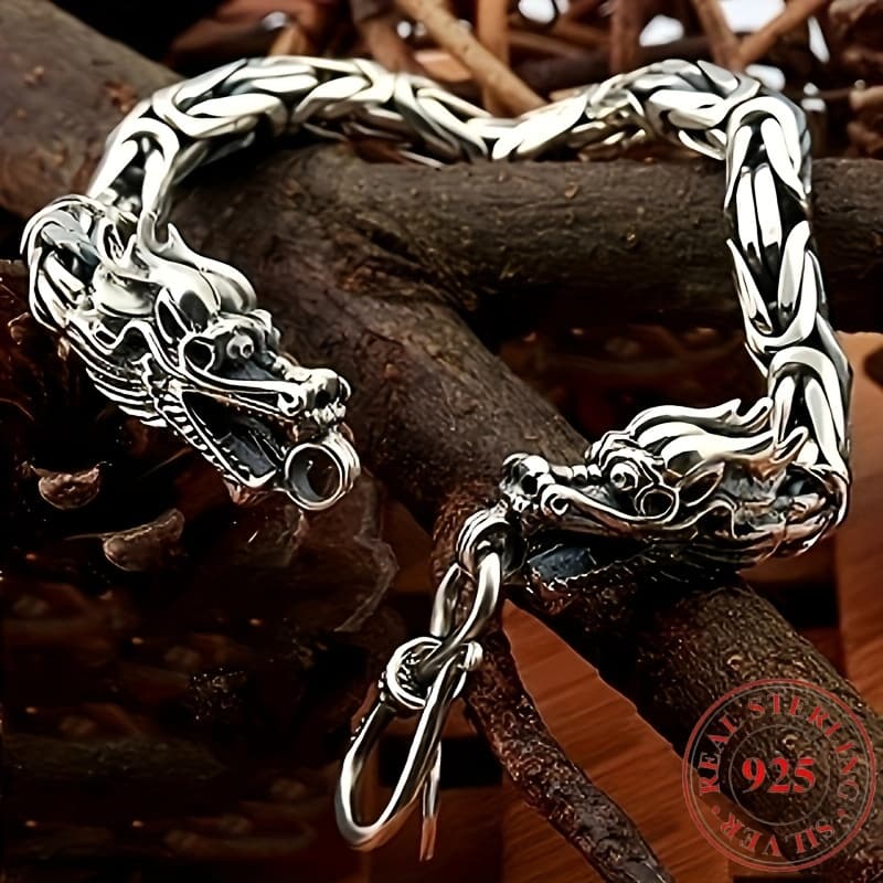 TEMU A Bohemian Style 925 Silvery Double Head Dragon Bracelet - Gothic Punk Pendant - 925 925 Silver Men's Wrist Jewelry