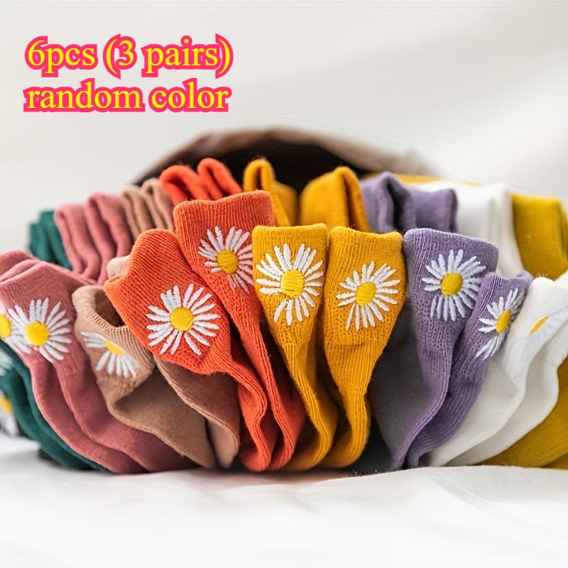 TEMU 6pcs (3 Pairs) Random Colors Women's Summer Embroidered Daisy Short Socks | Elegant, Soft And Comfortable, Suitable For Casual Wear