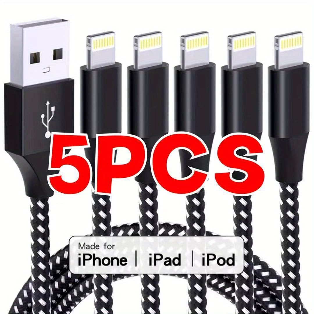 TEMU Mfiglgk 5pcs Charging Cable, Lot Braided Usb Cable 10ft For Iphone 14/ 13/ 12/ 11/ Xs/ Xr/ 8/ 7/ 6/ 5 Fast Charge Cord, Cable, Device Charging Wire, Cable, Flat Cable Design, Cable