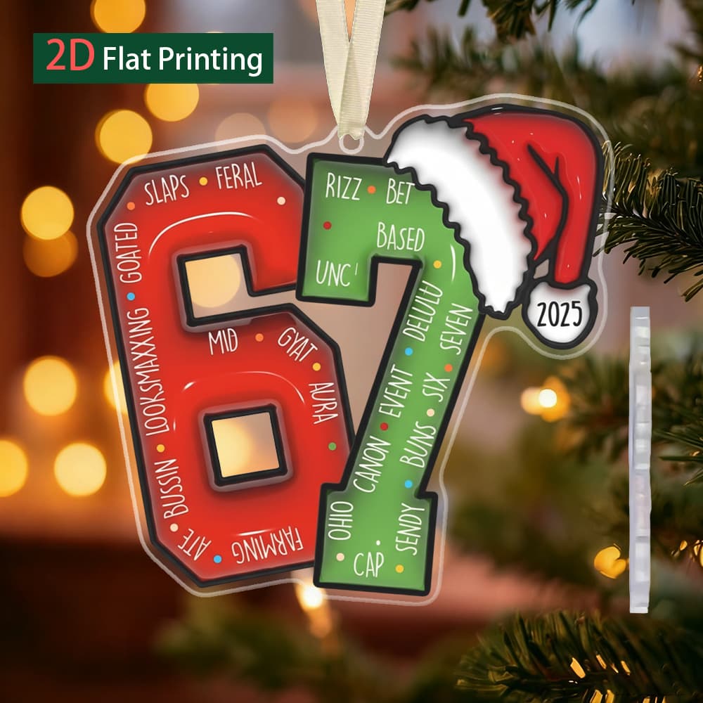 TEMU 2d Flat, 1pc Number 67 Santa Hat Acrylic Hanging Ornament - Christmas Tree Numbered 6 & 7 Pendant, Non-electric Decoration For , New Year Party Decorations, Car (numbers 6 ), 2d Flat