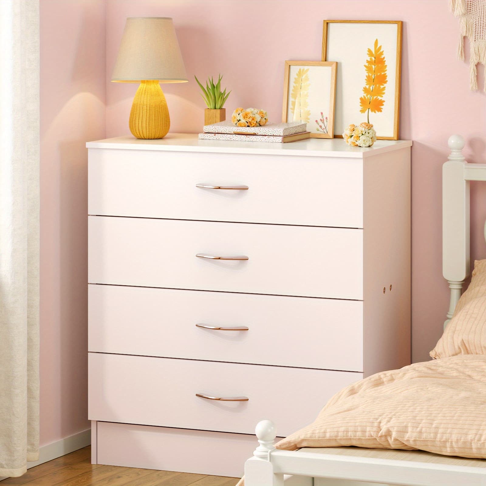 TEMU Modern 4-drawer Storage Dresser - Wooden Chest For Bedroom, Living Room & Entryway, Multi-functional End Table, White/ Black