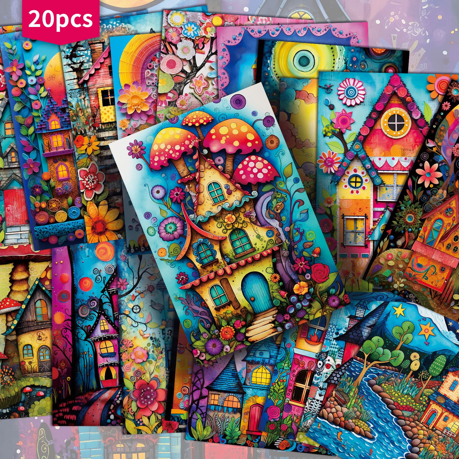 TEMU 20-pack Vintage Colorful Whimsical House Postcards - 4x6 Inches Junk Journal Paper, Classic Pinup Illustrations, Collectible Decorative Painting Cards For Scrapbooking & Crafting
