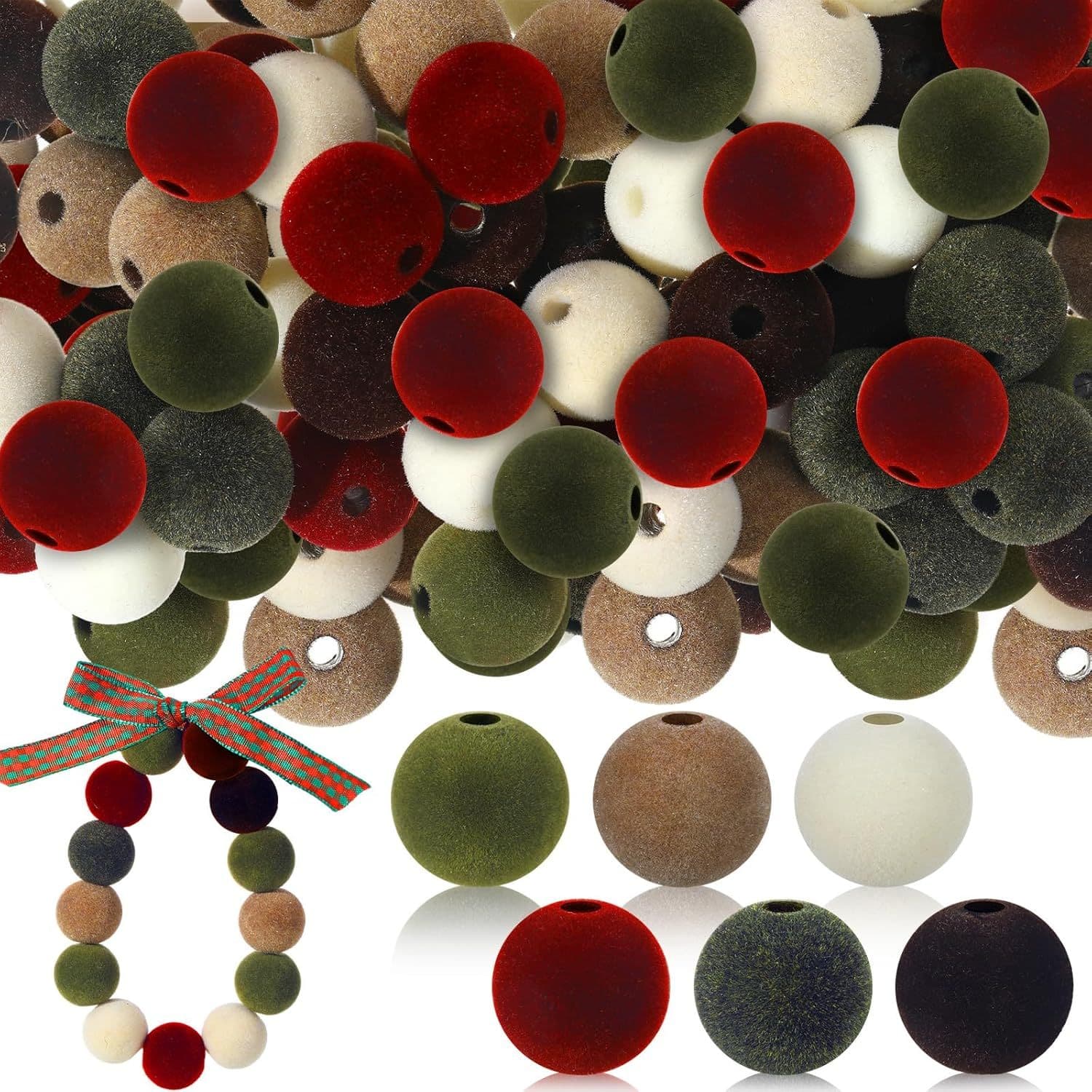 TEMU 48pcs Velvet Christmas Beads For Craft 16mm Christmas Beads Wooden Beads Diy Velvet Jewelry Beads For Making Keychain Making Pen Tiered Tray Decor(xmas Colors)