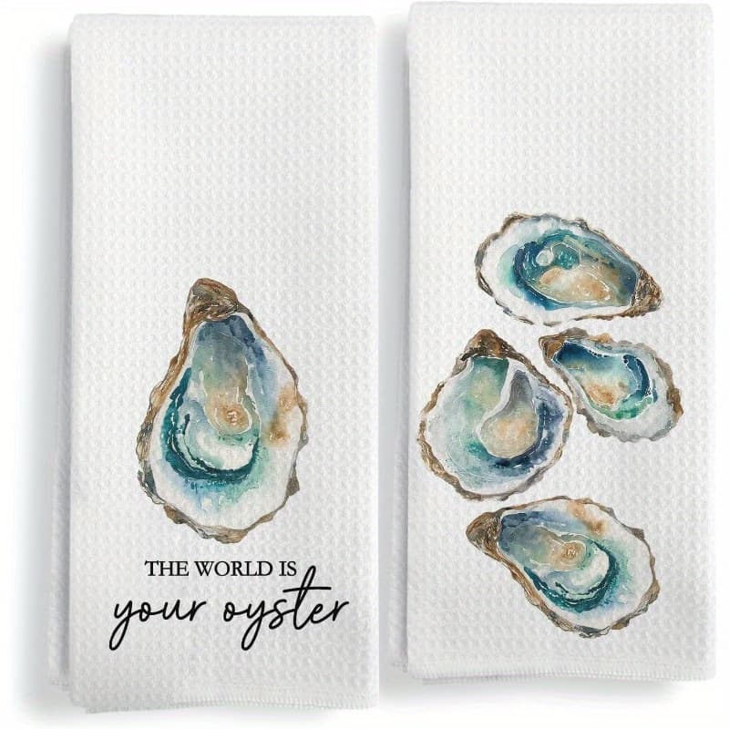 TEMU Of 2 Coastal Beach Towels - 18x26 Inches, Featuring An Inspirational Design "the World Is Your Oyster", Made Of Soft Polyester, Machine Washable, , Perfect For Kitchen And Bathroom Decor