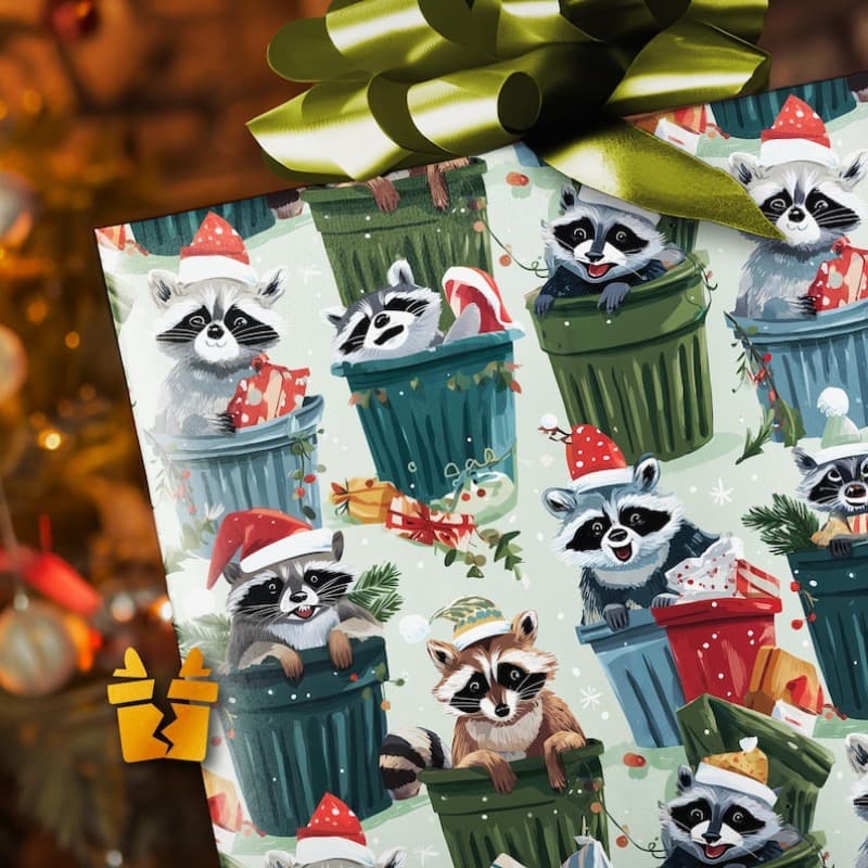 TEMU 1 Roll Extra Large 58"x23" Funny Raccoon Christmas Wrapping Paper Roll - Theme With Raccoons In Garbage Cans & Santa Hats, Vintage Holiday Gift Wrap For Birthdays, Xmas Parties, For (pp Material)