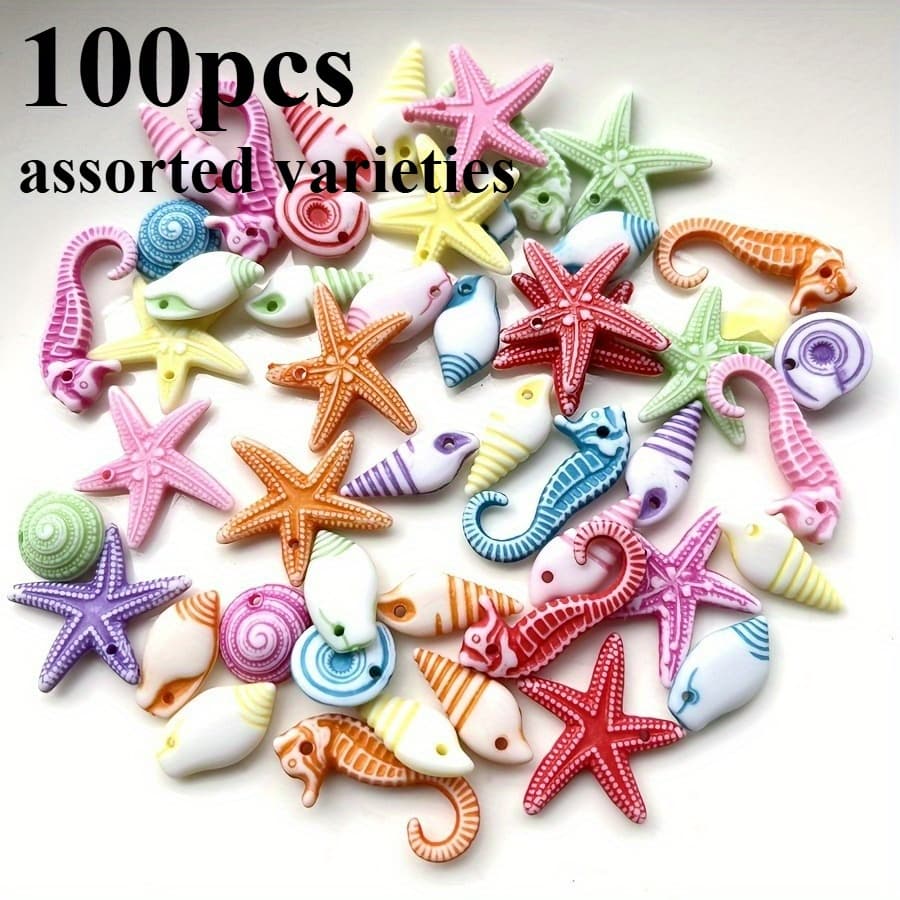 TEMU 100pcs/ Pack Of Acrylic Washed , Mixed With Conch, Starfish, And Seahorse, Suitable For Diy Making Bracelets, Necklaces, Jewelry Beads, Mediterranean Decorative Accessories, Moss Micro Landscape