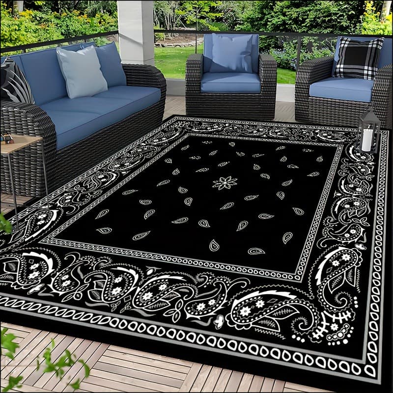TEMU 1pc Vintage Bandana Print Rug 31x20inch/ 78x50cm Black White Paisley Print Machine Washable Non-slip Area Rug For Living Room Bedroom Bathroom Bedside Indoor Outdoor Entryway Doormat Home Decor