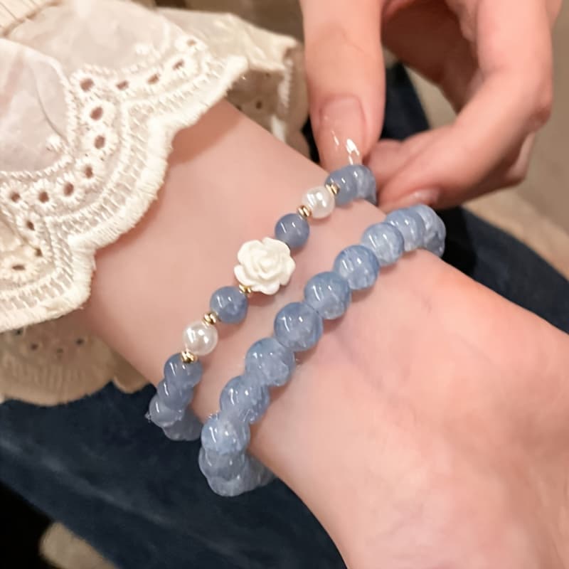TEMU Elegant Aquamarine, Camellia, And Natural Stone Bracelet - Easy And Stylish Women's Accessory, Suitable For Daily Wear And Vacation, Valentine's Day, Christmas