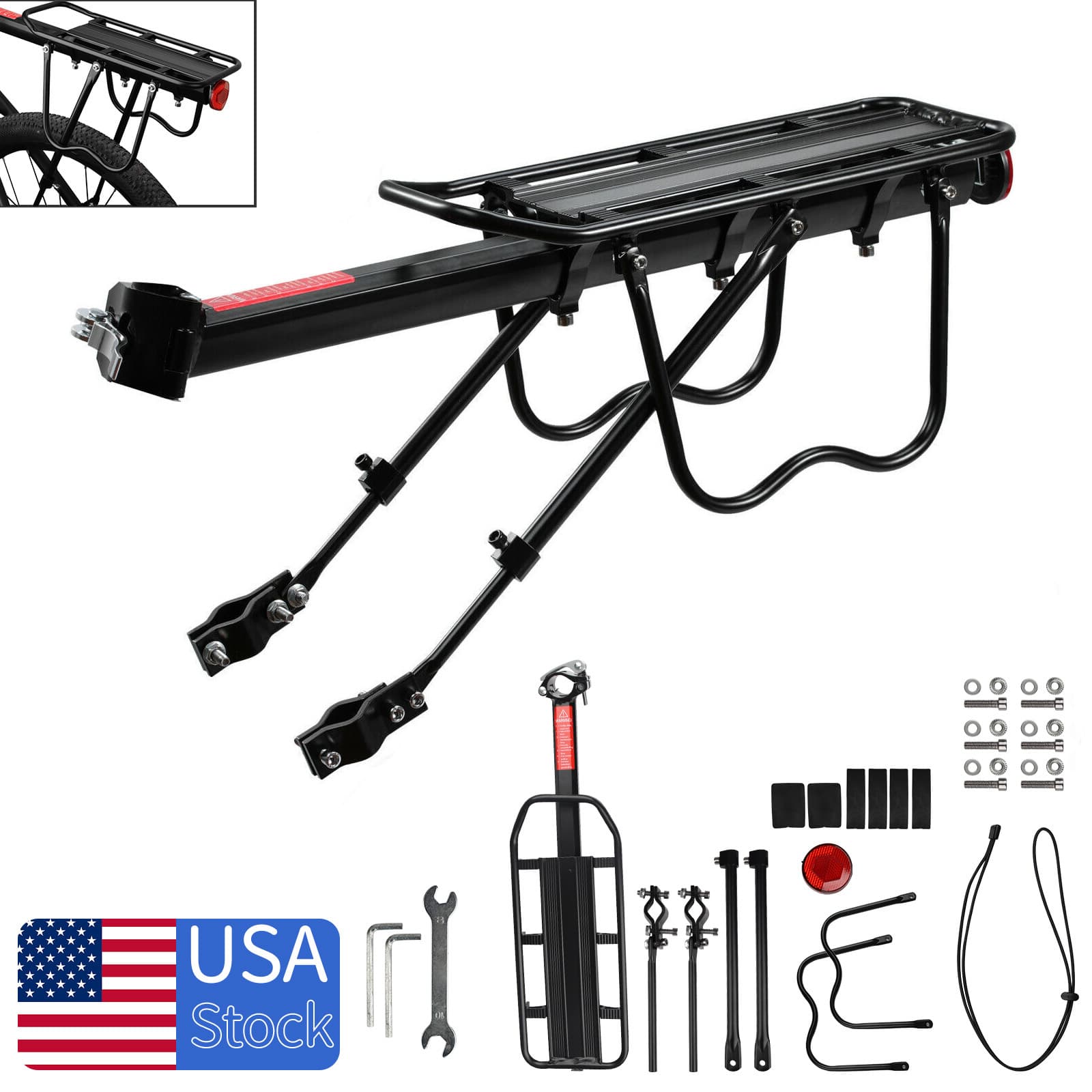 TEMU Rear Bike Rack With Quickly Release Camp, Retractable Bicycle Cargo Rack With Tools And Reflector For 26"-29" Bikes