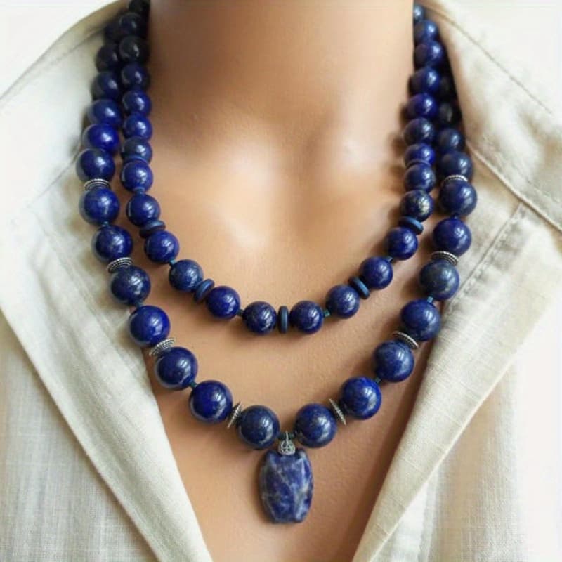 TEMU Handcrafted Dark Blue Lapis Pendant Necklace For Women - A Unique Beaded Jewelry Gift For Birthdays And Anniversaries