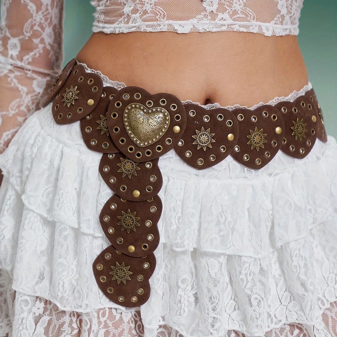 TEMU Vintage Western-style Belt With Metal Heart Charm, Featuring Cut-out Details, Non-textile Material, Medium Size, Suitable For Casual, Weekend, And Party Wear
