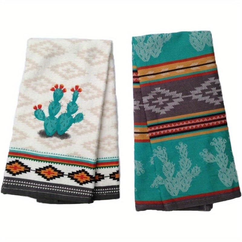 TEMU 2pcs 18×26 Inch Cactus Kitchen Towel Set, Decorative Cactus Terry Towel & Colorful Jacquard Tea Towel