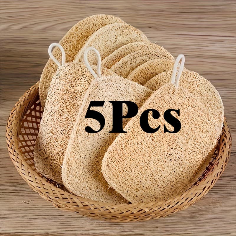 TEMU 5pcs Natural Loofah Sponges For Dishwashing, Real Plant-based Kitchen Scrubber & Dish Towel, Non-scratch Cleaning Sponges For Pots, Veggies, Body Exfoliating (with Hanging Loop)