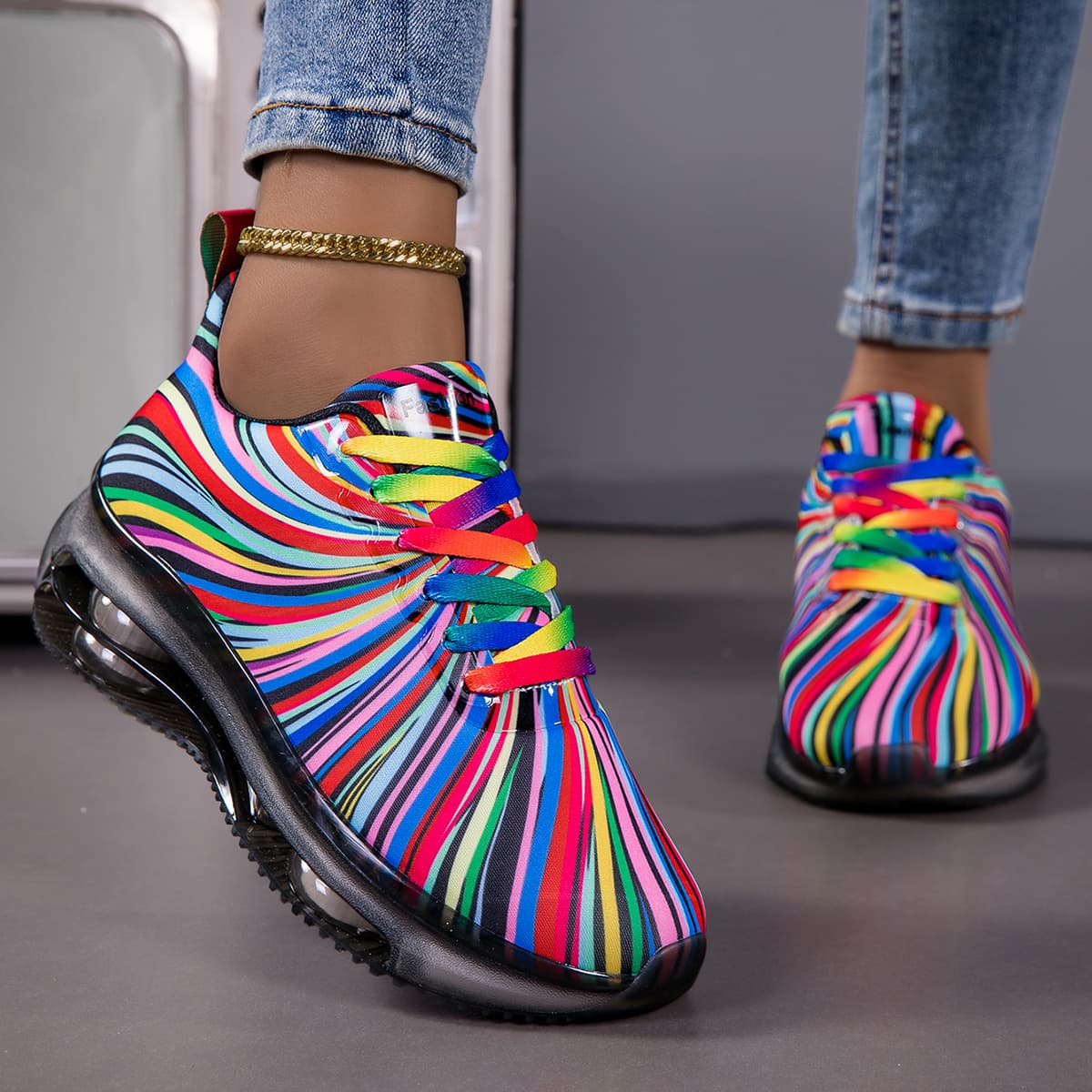 TEMU Casual Sneakers For Women - Low-top Shoes Made Of Breathable Fabric With Rainbow Stripes, Colorful Design, Fabric Upper, And Eva Cushioned Sole For Throughout , Suitable For Any Season