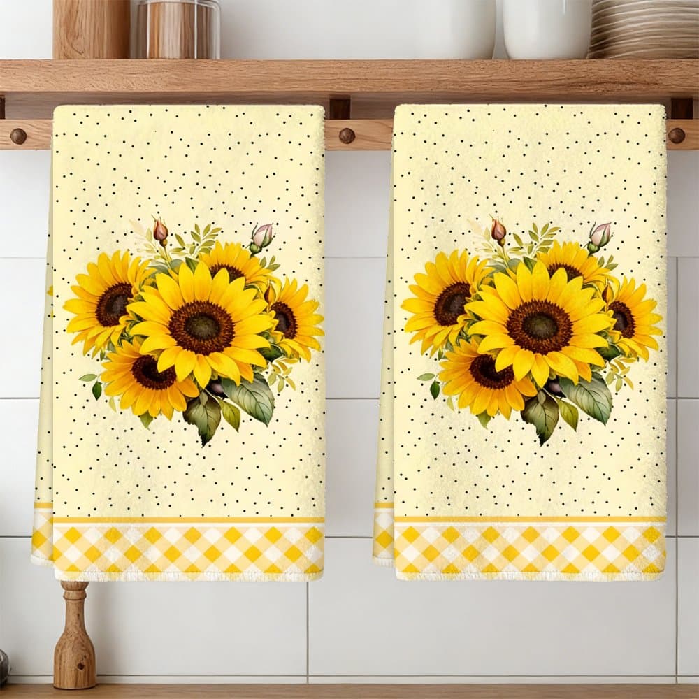 TEMU Sunflower Bouquet Polka Dot Gingham Border Pattern Printed Kitchen Towels, Cleaning Cloths, Neighbor Gifts, Mom Gifts, Birthday Gifts, Sweet Housewarming Gifts For , , Decorations, Daily