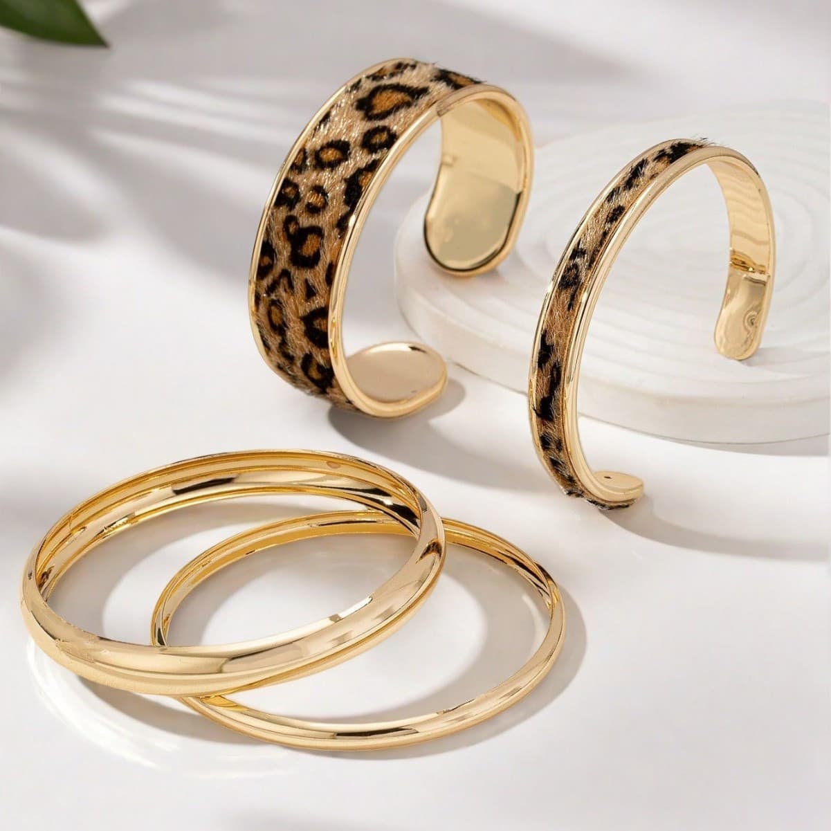 TEMU Leopard Print & Smooth Stacking Bracelet - Streetwear Jewelry With Leopard Spot Beads, Smooth Spherical Beads For Daily Wear, Parties, Gift - Neutral Print Bracelet Set For - (no Seasonal)