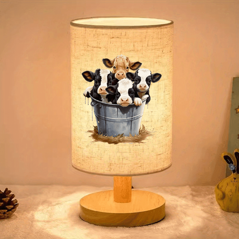 TEMU Adorable Cow Table Lamp - Rustic Wooden Look With Fabric Shade, Usb Powered For Bedroom & Dorm, Warm Ambient Lighting, Perfect Gift Idea For Home Or Office