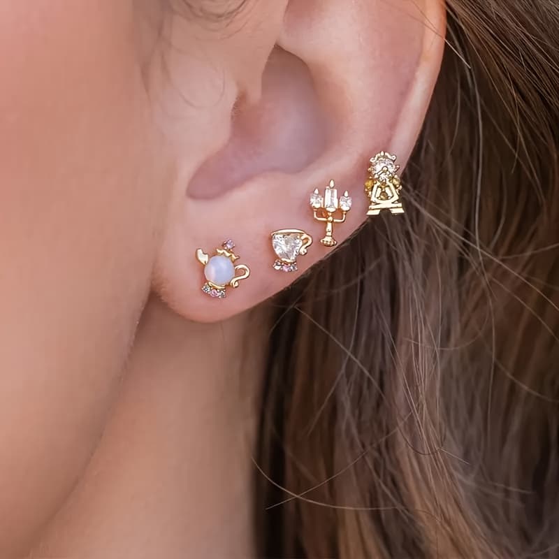 TEMU 4pcs Vintage Elegant Stud Earring Set With Rhinestones, Geometric Candle, Teapot, And Lamp Designs, For Alloy Studs, Suitable For Daily And Party Wear, Christmas Gift, Suitable For All