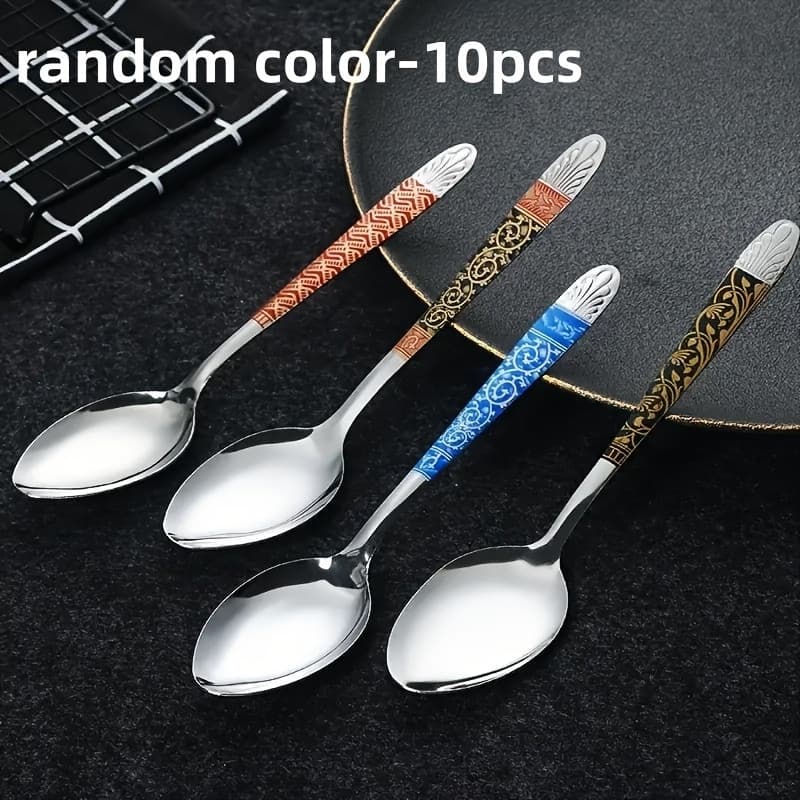 TEMU 10pcs Random Color Patterns Stainless Steel Vintage Print Soup Spoons - Elegant Tableware Set With Durable Construction, Easy To Clean,simple , Modern Stirring Spoon, Reusable Spoon