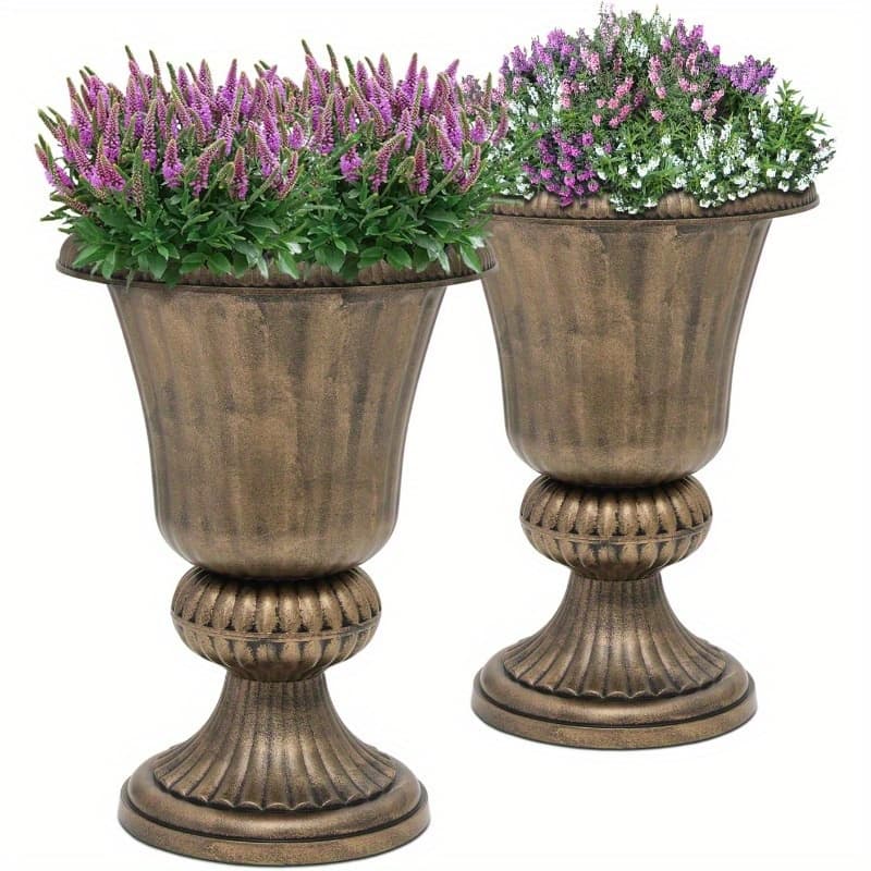 TEMU Collection Of 2 20-inch Urn Planters Designed For Outdoor Use, Spacious Decorative Planters For , Tall Plastic Flower Pots Suitable For Garden, Patio, And Entryway