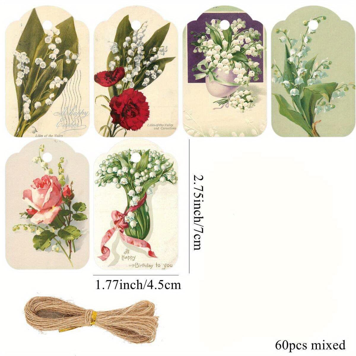 TEMU 60pcs Of Retro Floral Hanging Labels Featuring Lily Of The Valley, Perfect For Decorating Weddings, Birthday Parties, And For Gift Packaging