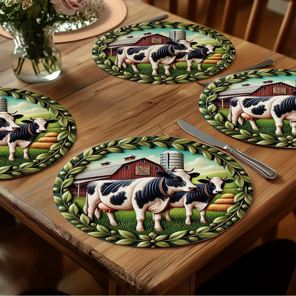 TEMU Of 4 Rustic Farmhouse Cow Table Mats - 15x15 Inches, Washable, Round Mats For Home Decoration, Dinner & Holiday Occasions, Cow Design