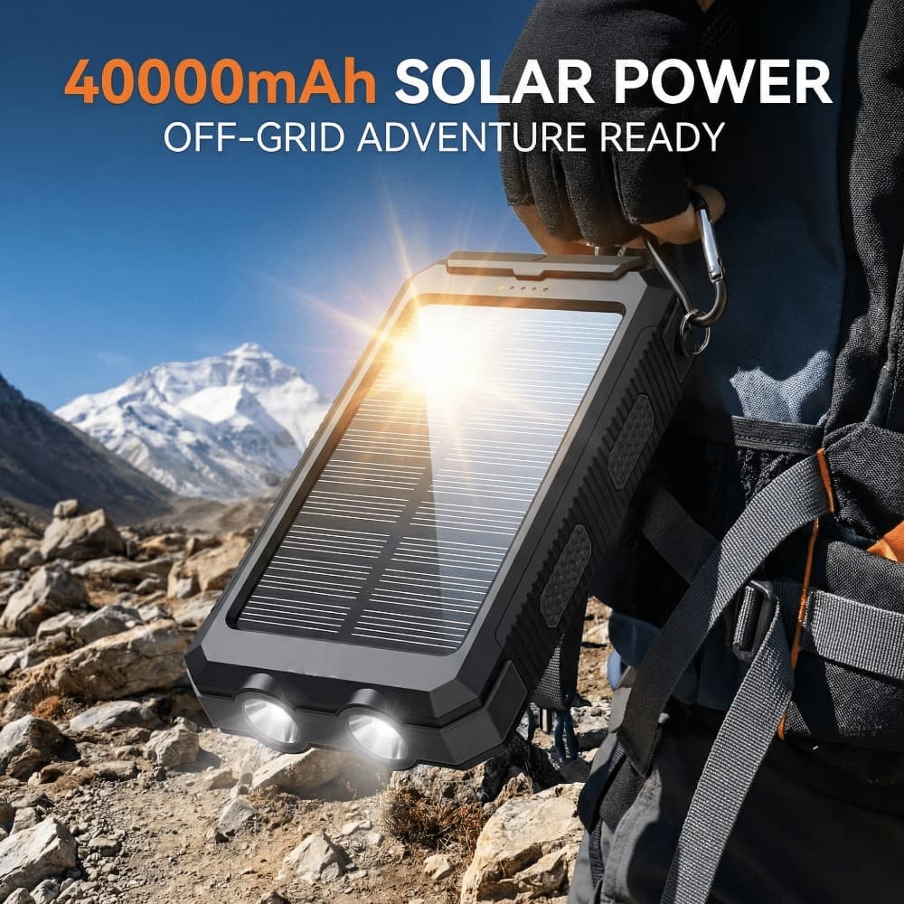 TEMU 40000mah Portable Solar Power Bank, Portable Solar Mobile Phone Charger, Camping External Battery Charger For Mobile Phones, 2 Usb/ Led Flashlights With Compass For Outdoor Activities