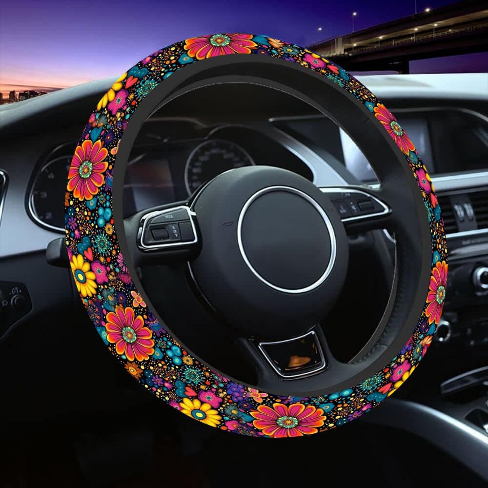 TEMU 1pc Colorful Petals Print Steering Wheel Covers Anti Slip Car Accessories Steering Wheel Protector Universal 15 Inch For Cars Suv Vehicle Truck, Enhance Driving Pleasure And Give To .