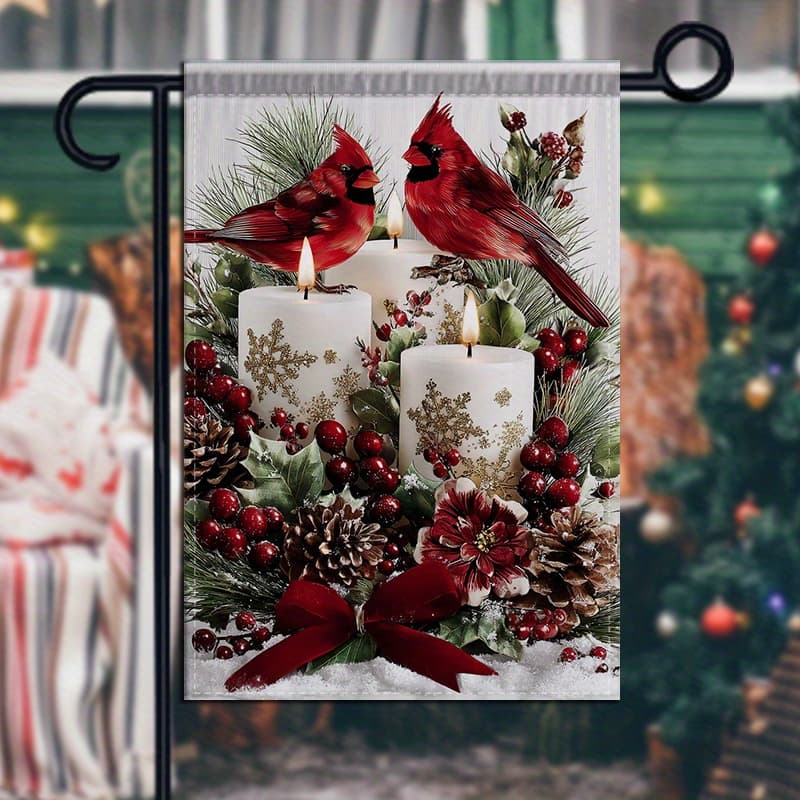 TEMU 1pc Double-sided Garden Decoration Flag Featuring A Cozy Holiday Scene With Red Birds, Perfect For Displaying In Your Front Or Back Yard