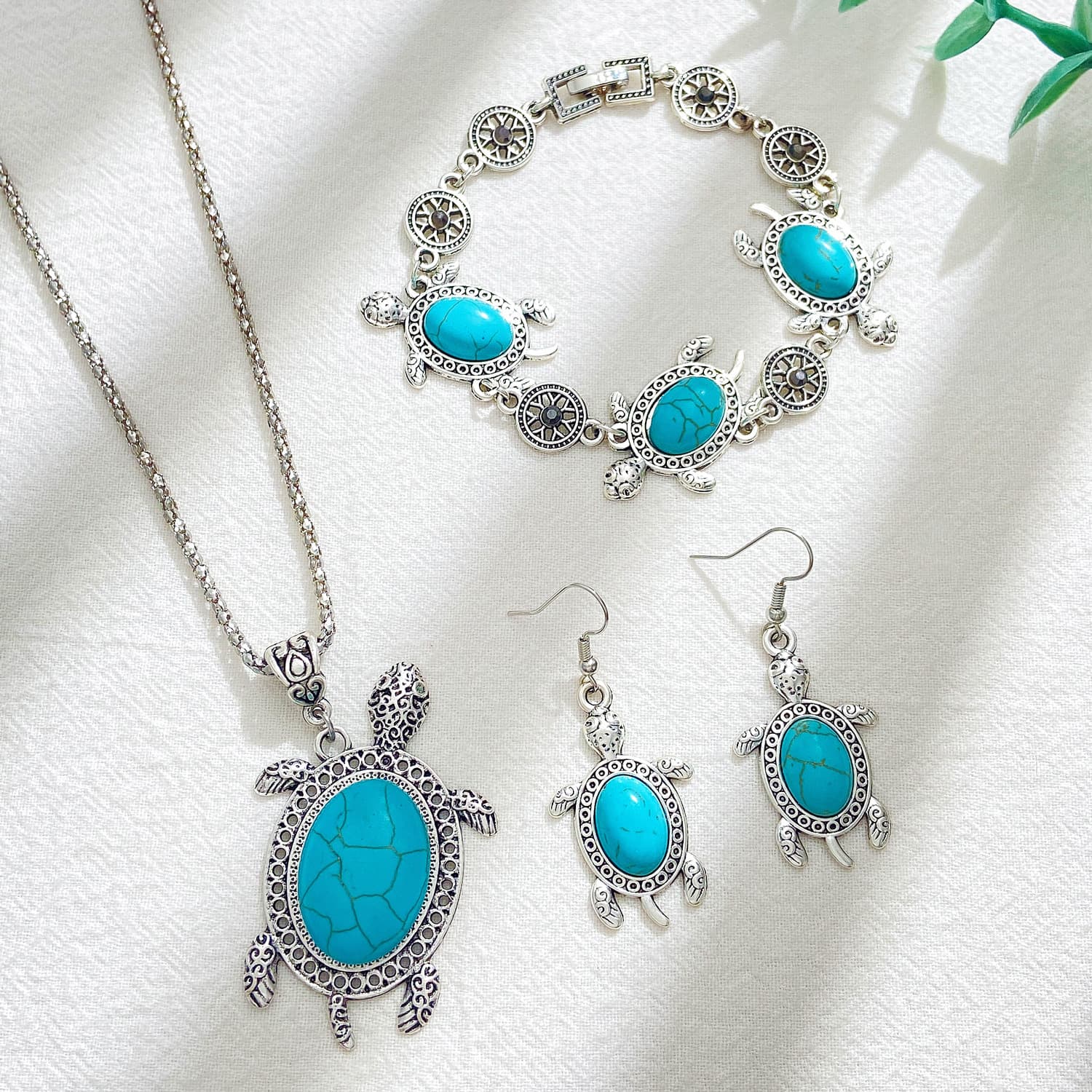 TEMU 3pcs Bohemian Sea Turtle Turquoise Earrings Bracelet Necklace Set Vintage Fashion Jewelry Set For Women' Wear/vacation Casual Keepsakes/gift Accessories