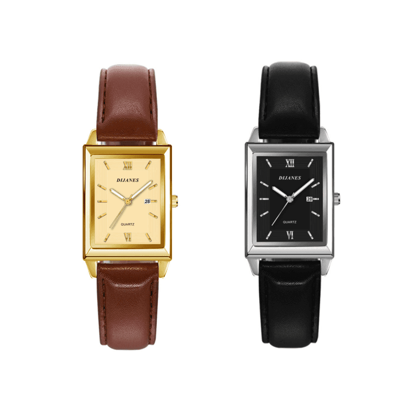 TEMU 2pcs Men's Elegant Quartz Watch With Date Calendar, Display & Pu Leather Strap - Rectangular Case Minimalist Wristwatch Suitable For, Travel, Daily Use - & Maintenance