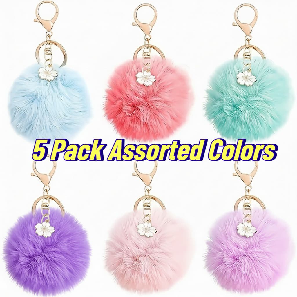 TEMU 5pcs Random Colors Fluffy Bag Charms With Flowers, Soft Faux Keyring For Backpack, Easy To Spot Keys In Deep Purse
