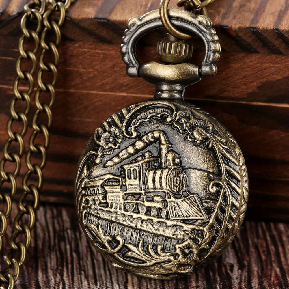TEMU Bronze Steam Train Quartz Pocket Watch Mini Necklace Pendant Arabic Dial Necklace Pocket Clock